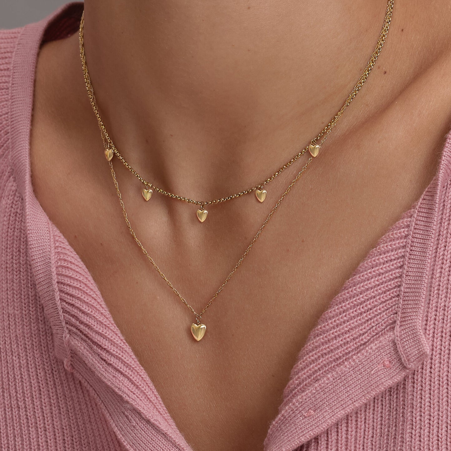 Mini Heart Gold Plated Double Chain Necklace