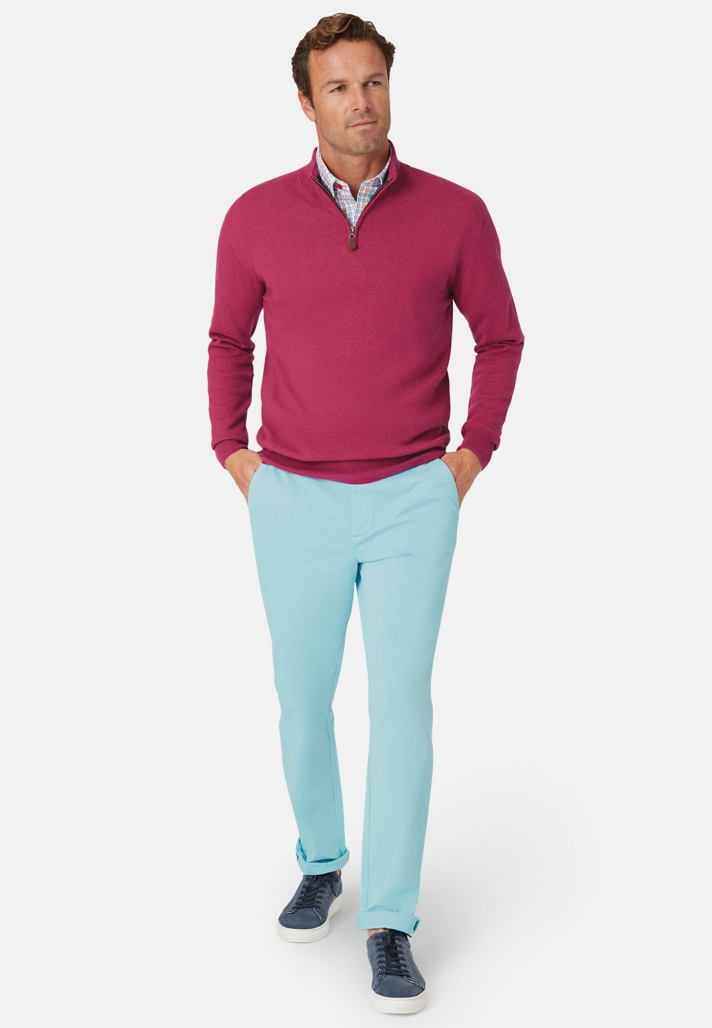 Sussex Raspberry Cotton Merino Zip Neck Jumper