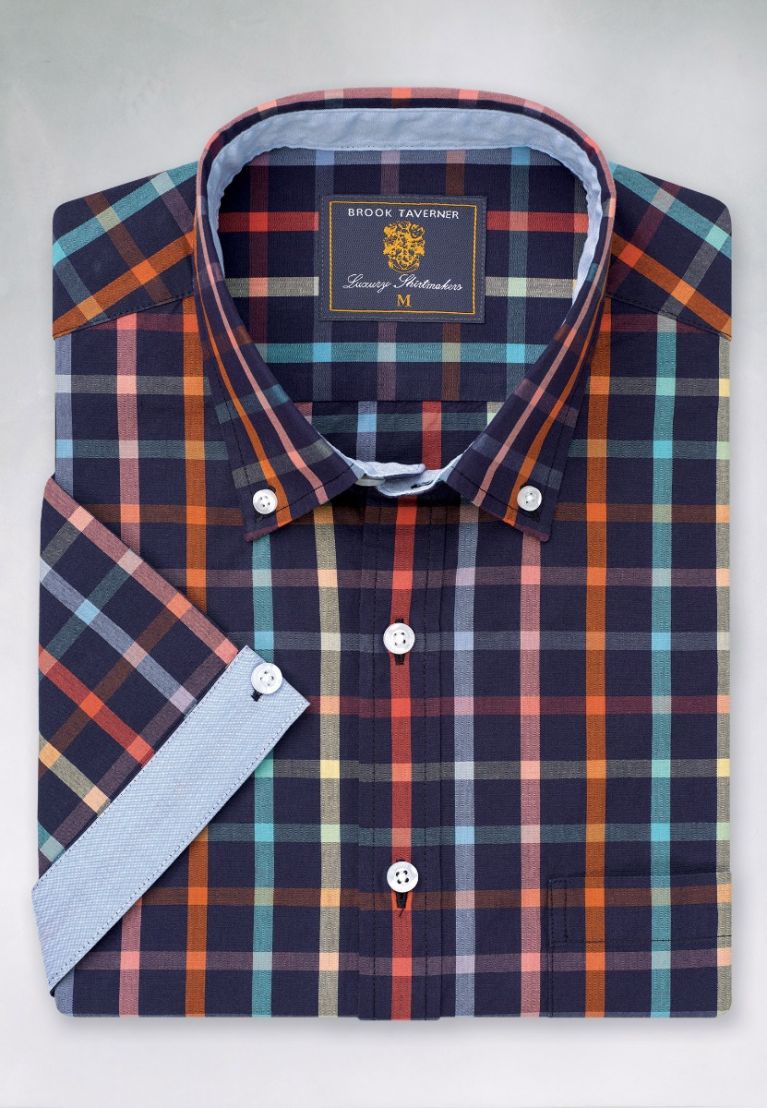 Regular Fit Navy Check 'Portofino' Short Sleeve Shirt