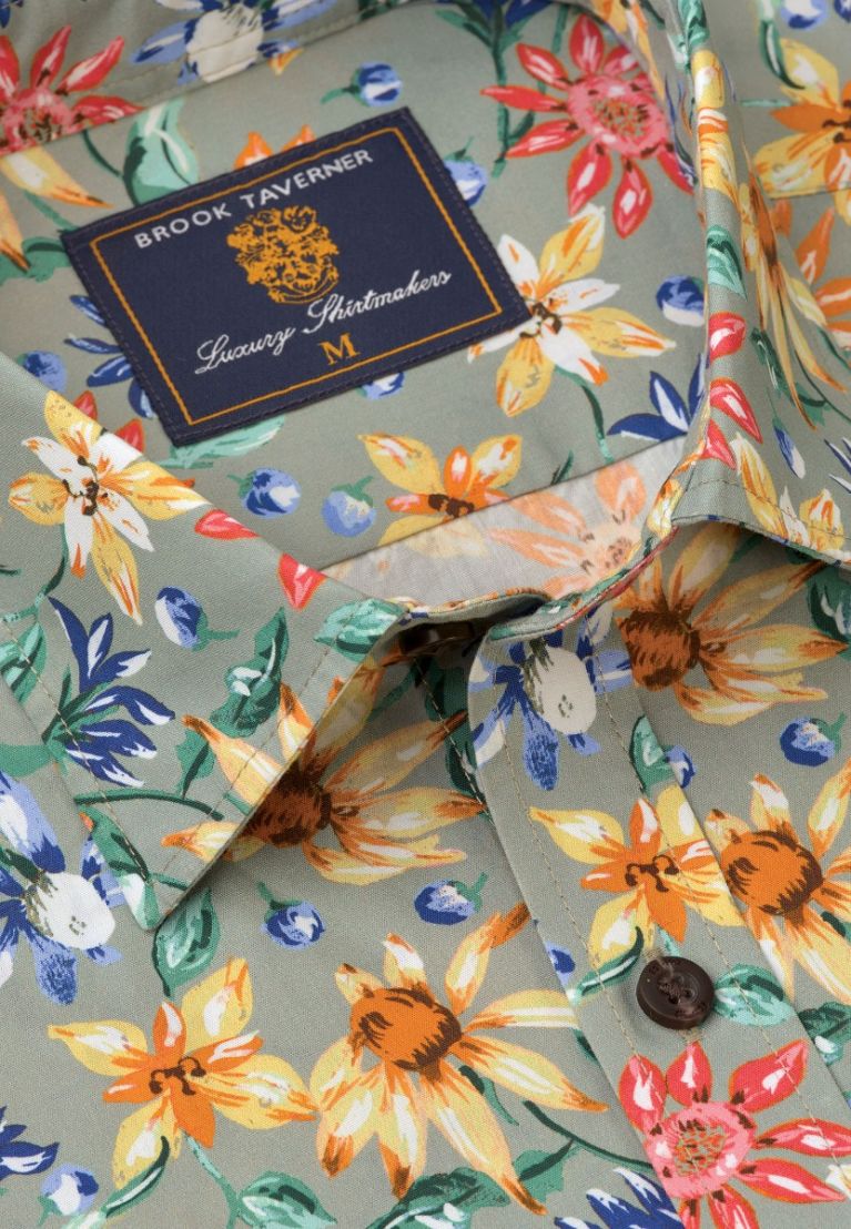 Regular Fit Sage Retro Tropical Print Short Sleeve Shirt