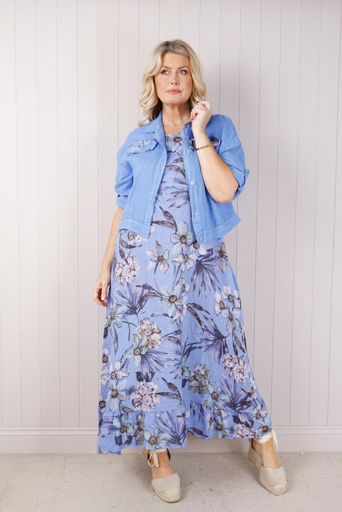 Linen Flower Dress/Jacket Co-ord - Denim
