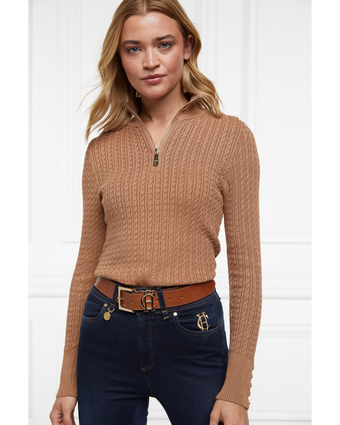 Ava Half Zip Knit Dark Camel Marl