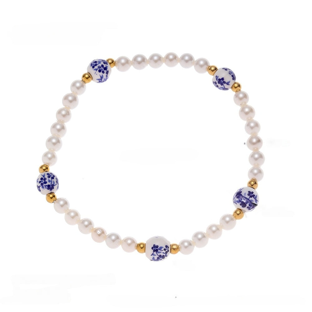 Porcelain Print & Pearl Stretch Bracelet