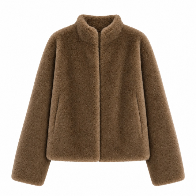 Collared faux fur coat in milk chocolate - Small