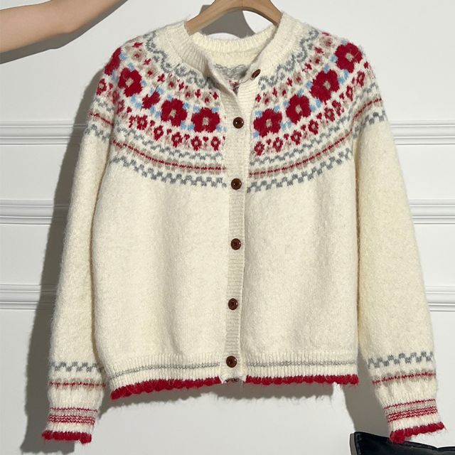 Fair isle cardigan in cream & red