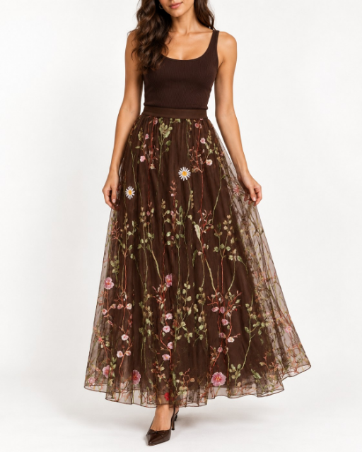 Embroidered meadow tulle skirt in bitter chocolate - Large
