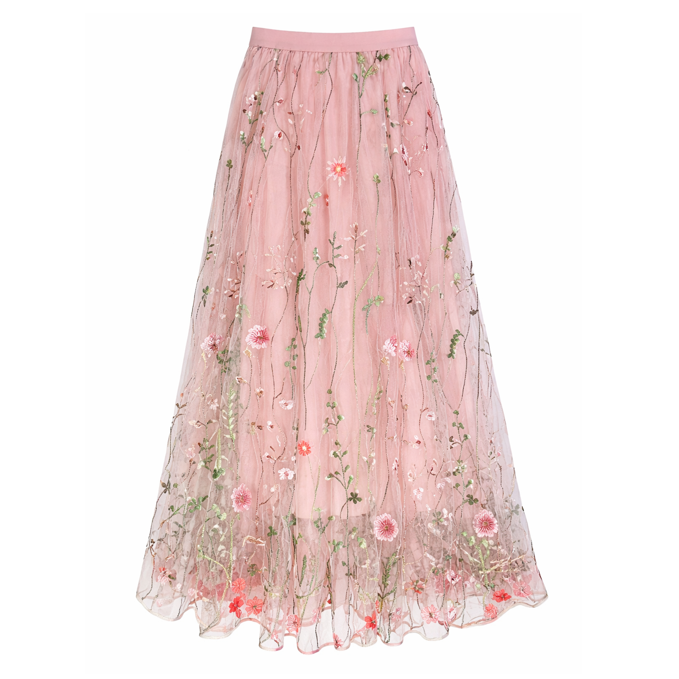 Embroidered meadow tulle skirt in pink - Medium