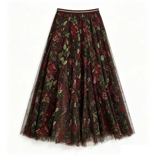 Tulle layer skirt in wine floral print - Medium