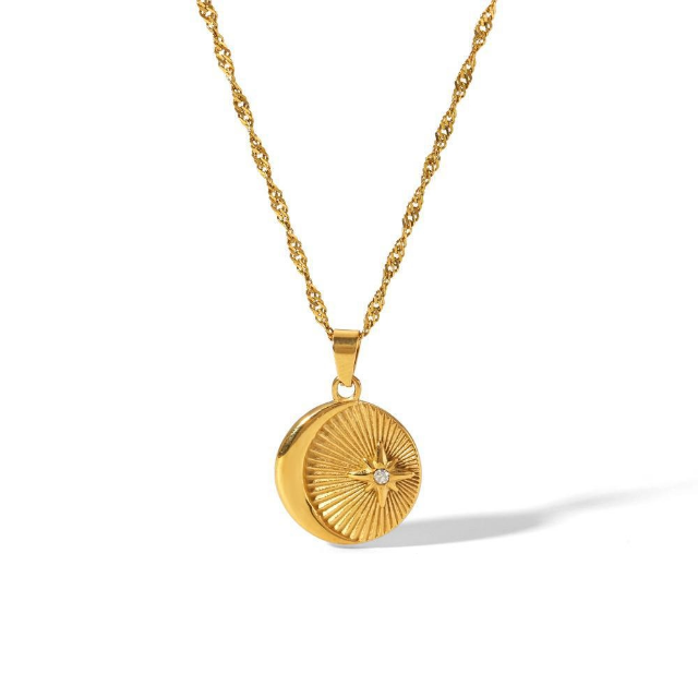 Star & moon disc necklace with twist chain in gold