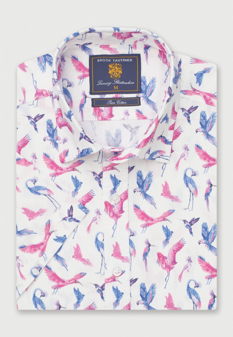 Pink Bird Print Short Sleeve Shirt