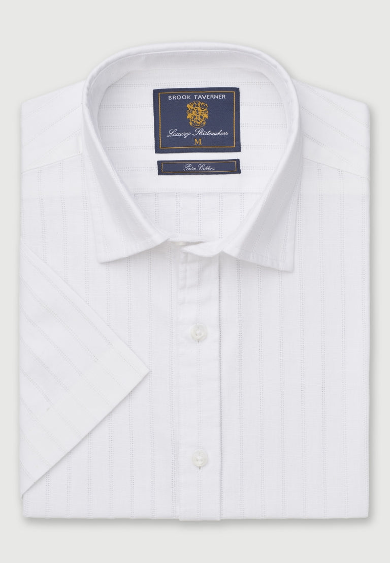 White Leno Stripe Short Sleeve Shirt