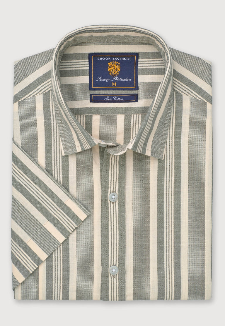 Khaki Slub Stripe Short Sleeve Shirt