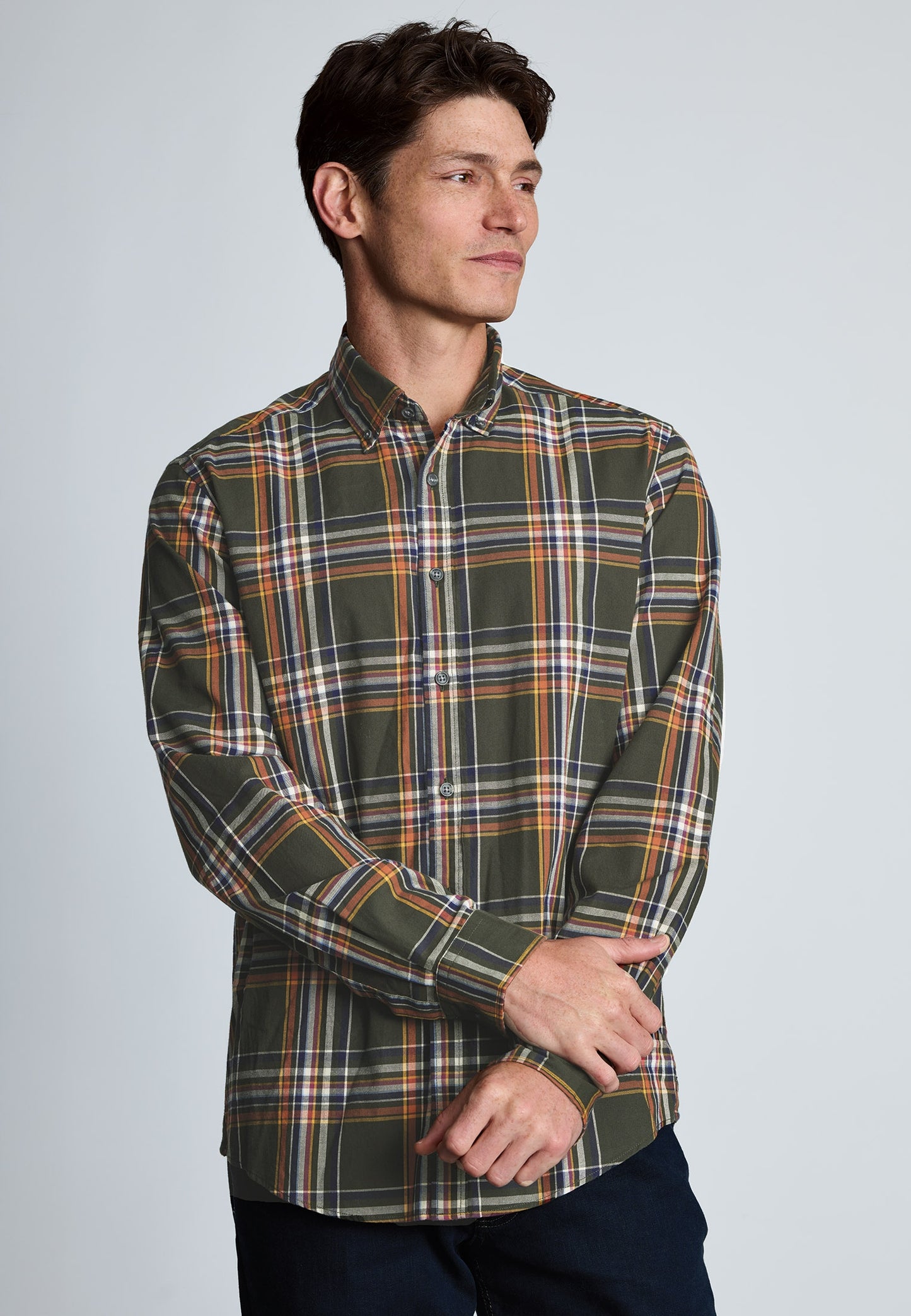 Regular Fit Khaki Large Plaid Cotton Shirt