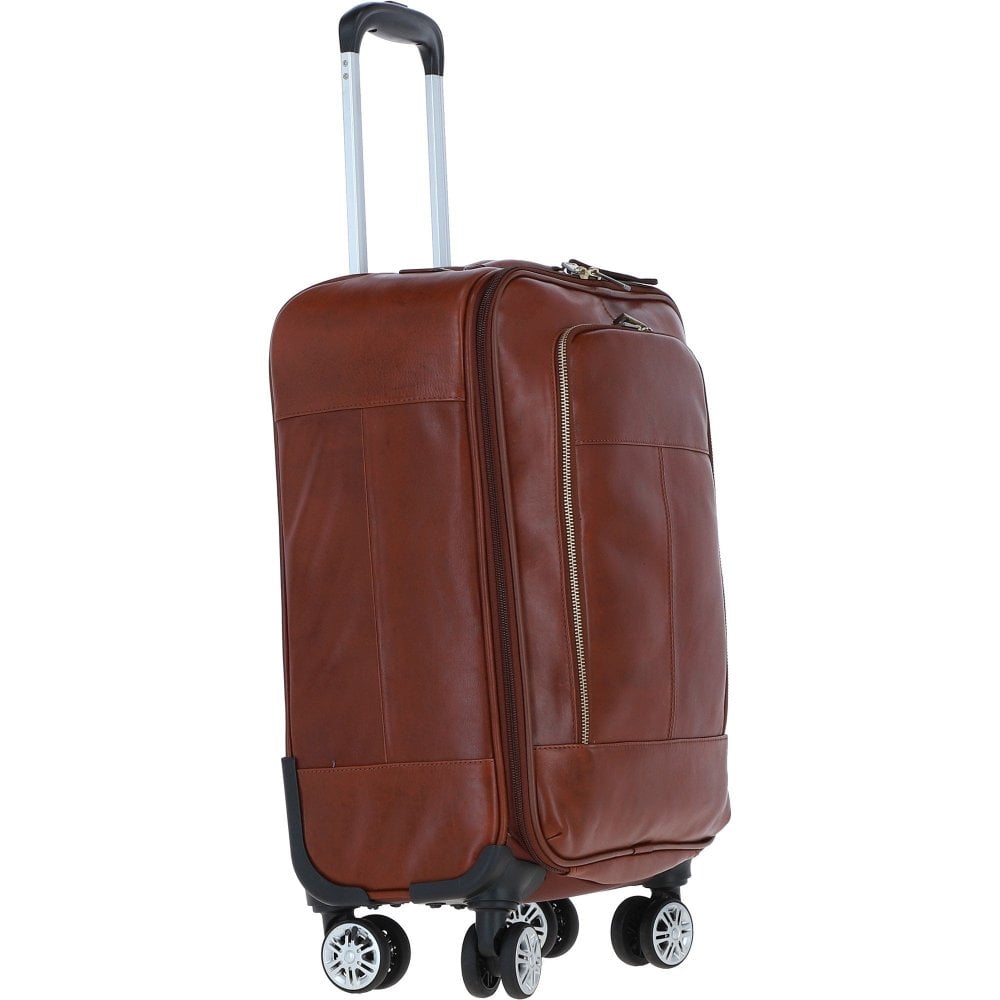 Premium Leather Trolley Suitcase - Tan