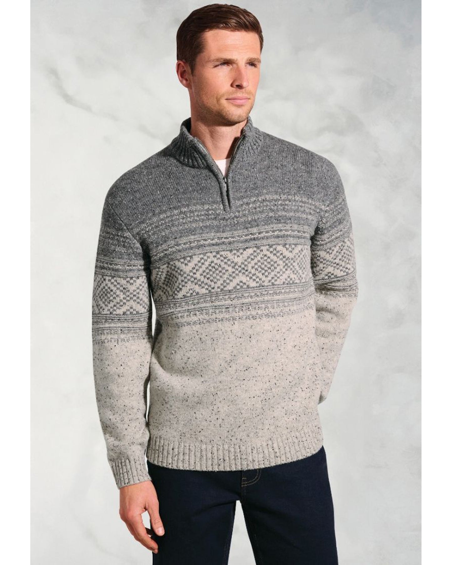 Moloney Silver Grey Nep Fairisle Lambswool Zip Neck Jumper