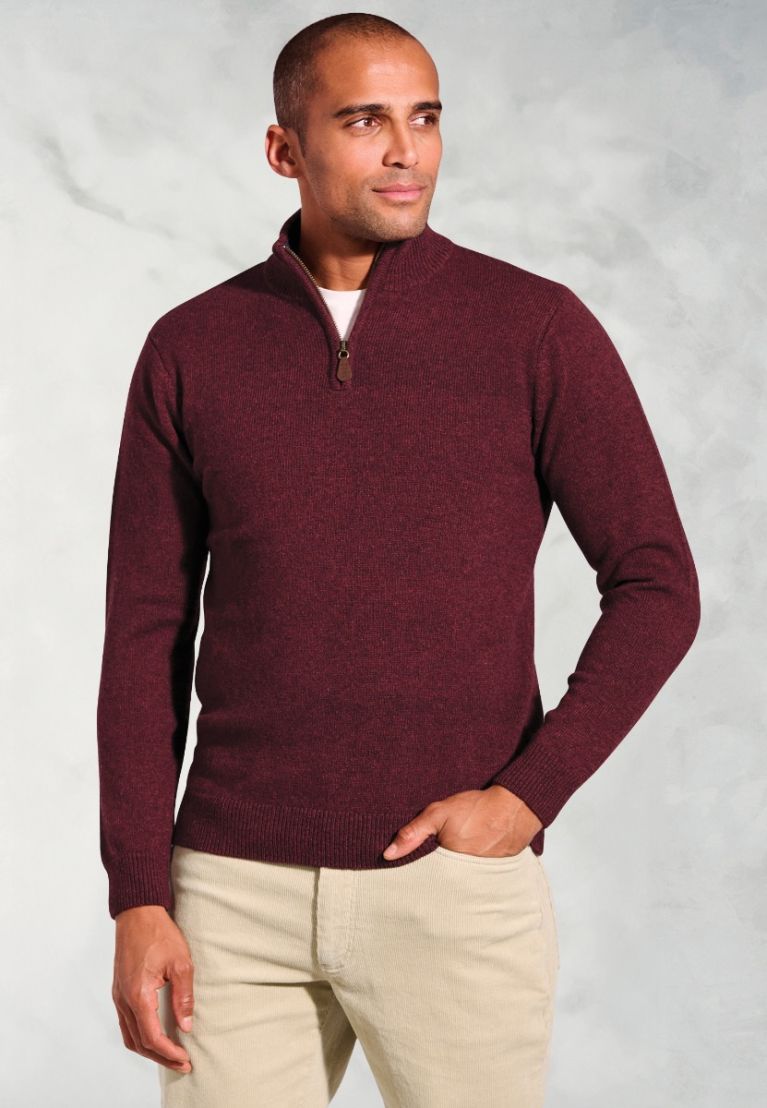 Rutherford Burgundy Lambswool Zip Neck Jumper
