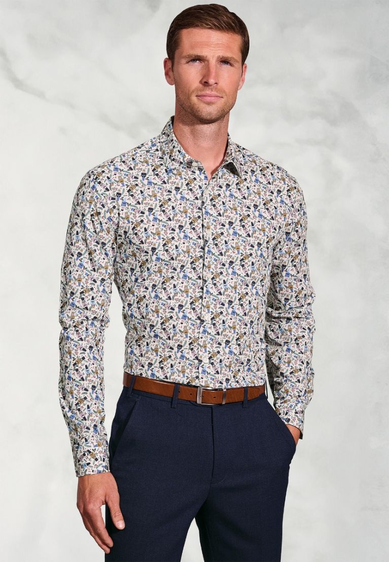Regular Fit Ecru Nutcracker Print Cotton Shirt