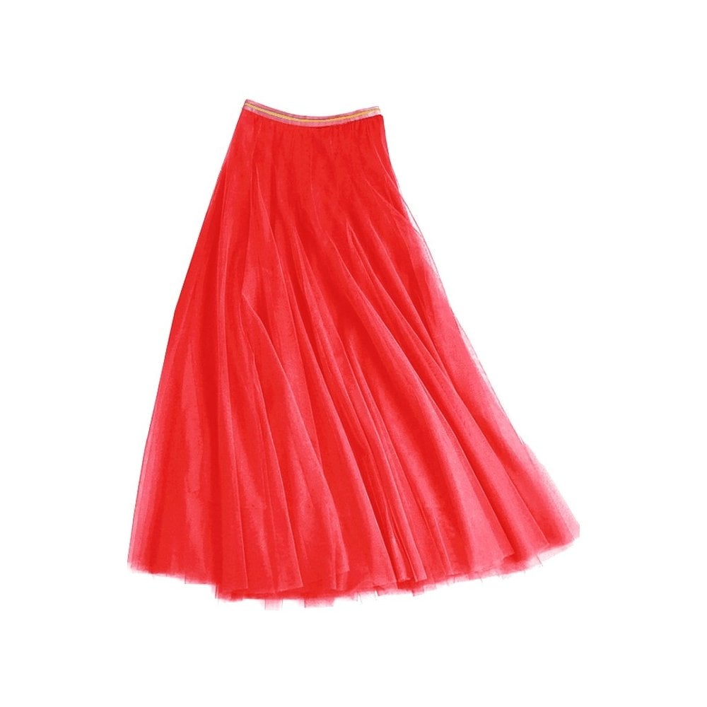 Tulle Layer Skirt in Electric Coral with Gold Stripe Waistband - Medium