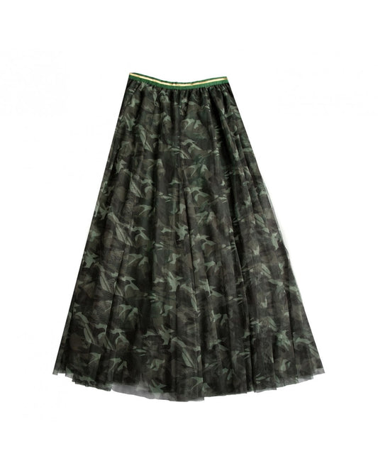 Tulle Layer Skirt with Camo Print in Khaki