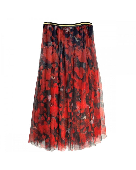 Tulle Layer Skirt with Poppy Print in Red