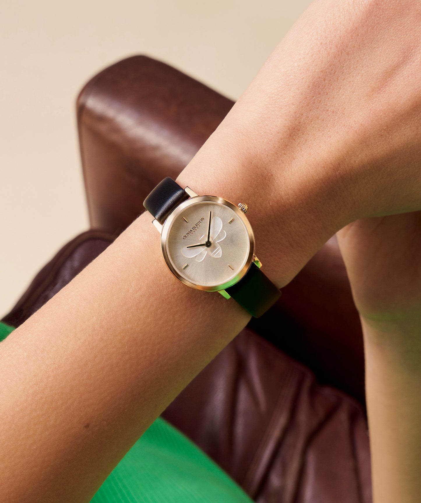 Signature 28mm Bee Ultra Slim Gold & Black Leather Strap Watch
