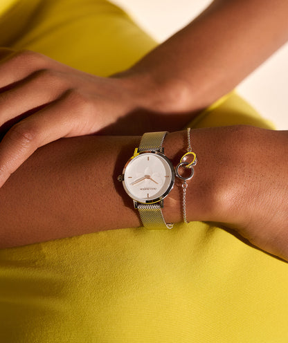 Signature 28mm Bee Ultra Slim Metallic White & Silver Mesh Watch