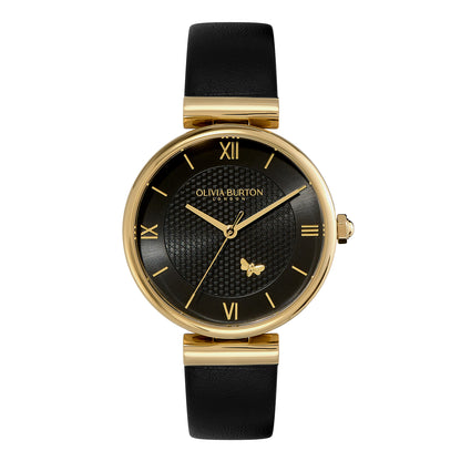 Signature 36mm Minima Bee T-Bar Gold & Black Leather Strap Watch