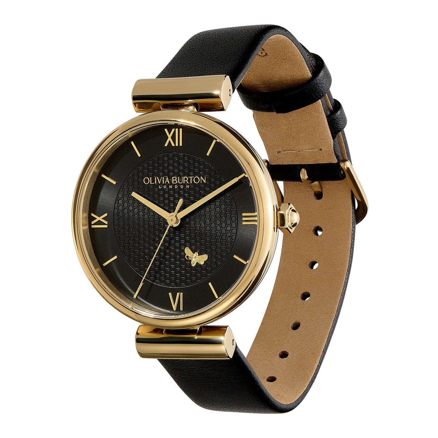 Signature 36mm Minima Bee T-Bar Gold & Black Leather Strap Watch