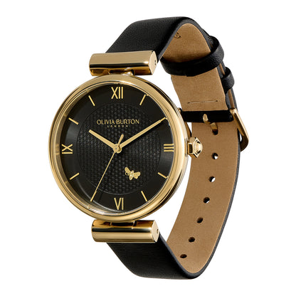 Signature 36mm Minima Bee T-Bar Gold & Black Leather Strap Watch