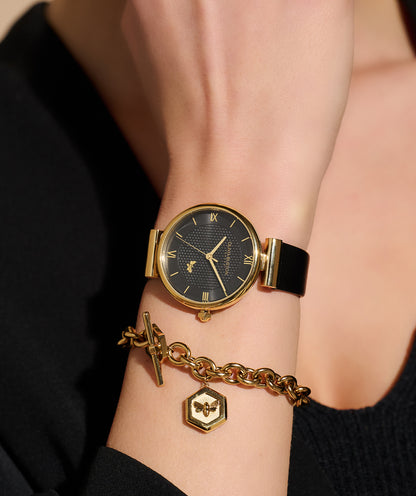 Signature 36mm Minima Bee T-Bar Gold & Black Leather Strap Watch