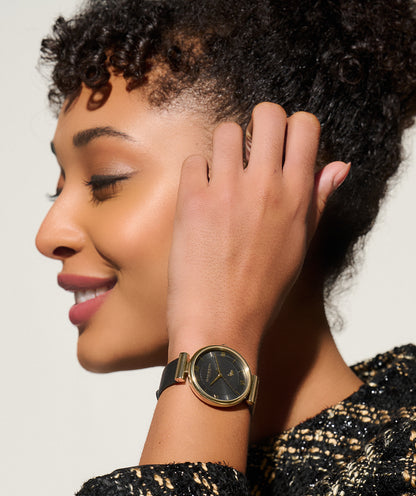 Signature 36mm Minima Bee T-Bar Gold & Black Leather Strap Watch