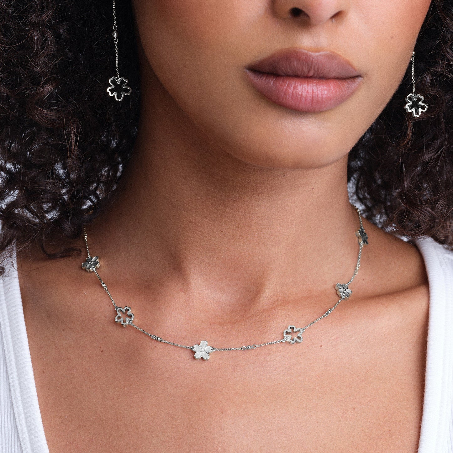 Forget Me Not Floral Silver Tone Necklace