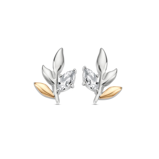 Royal Clogau Sterling Silver Leaf Stud Earrings with Topaz