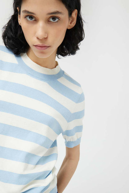 Blue Striped Short Sleeve Sweater