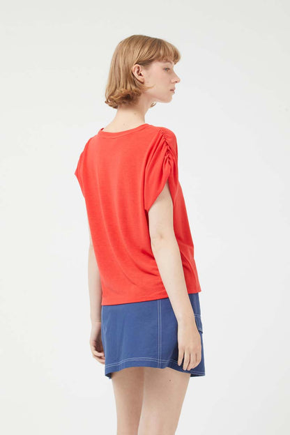 Red Draped Short Sleeve Top