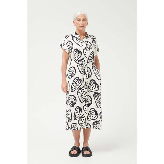 White Strawberry Print Shirt Midi Dress