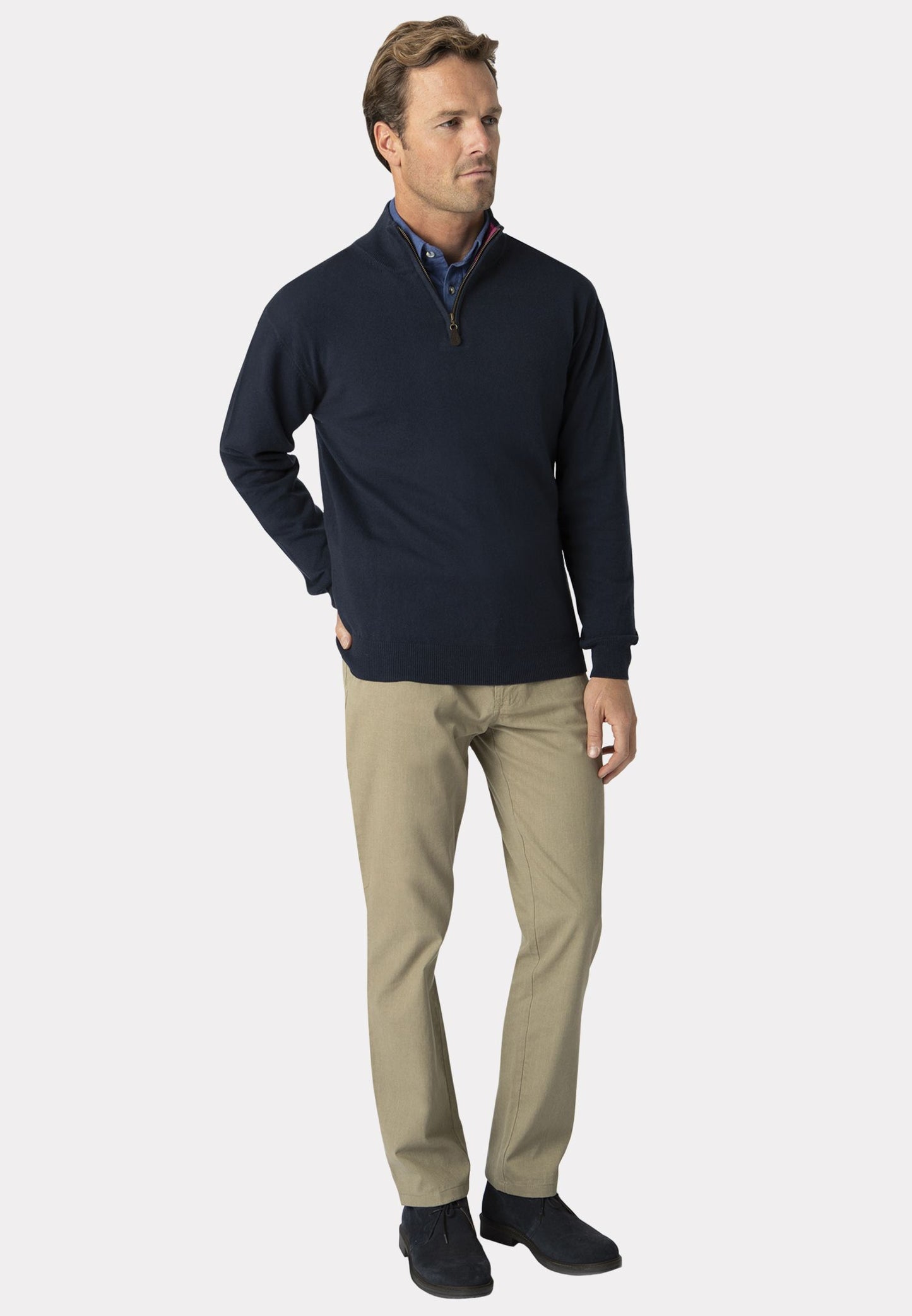 Sussex Navy Cotton Merino Zip Neck Jumper