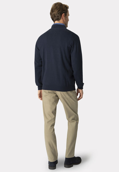Sussex Navy Cotton Merino Zip Neck Jumper
