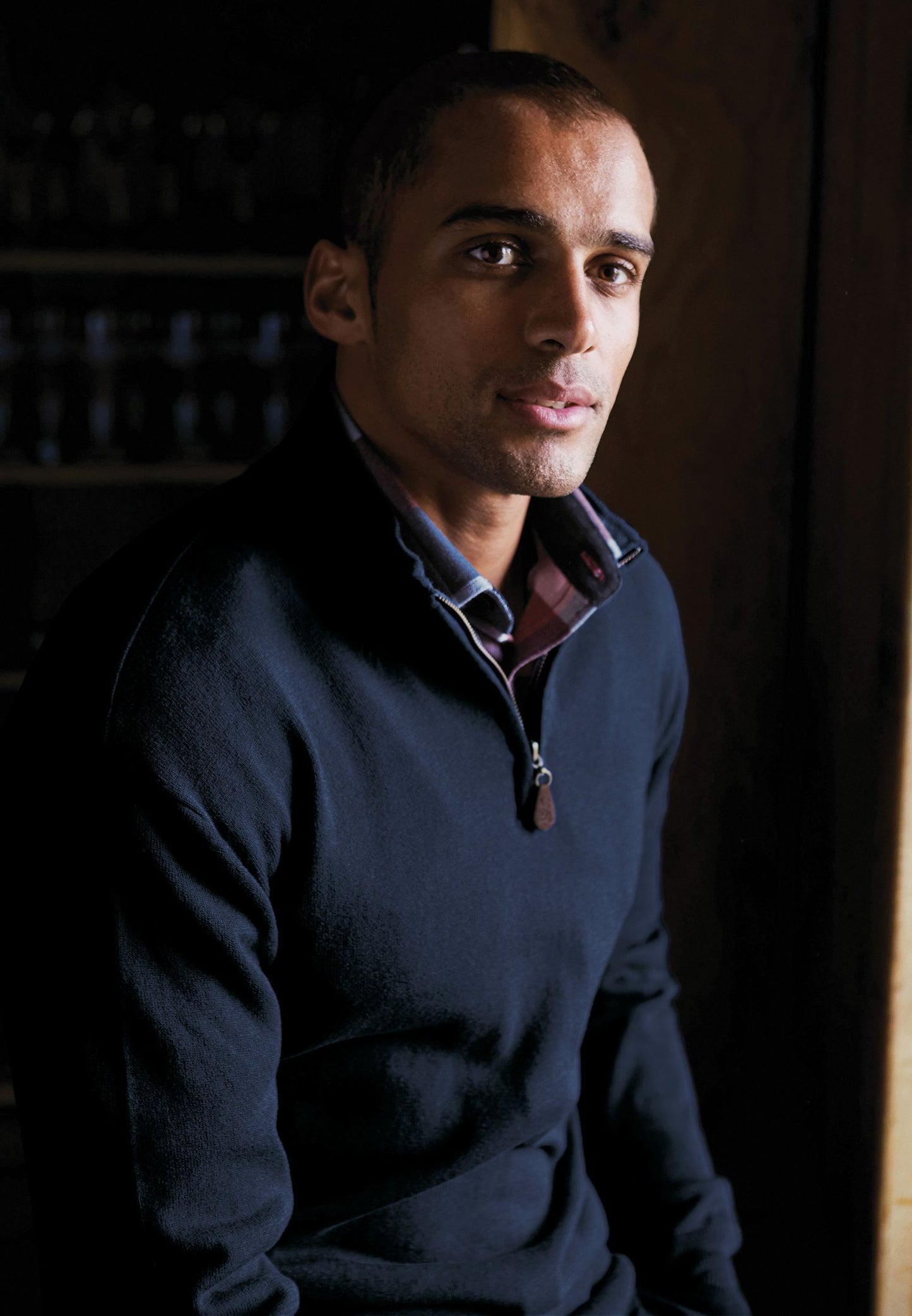 Sussex Navy Cotton Merino Zip Neck Jumper