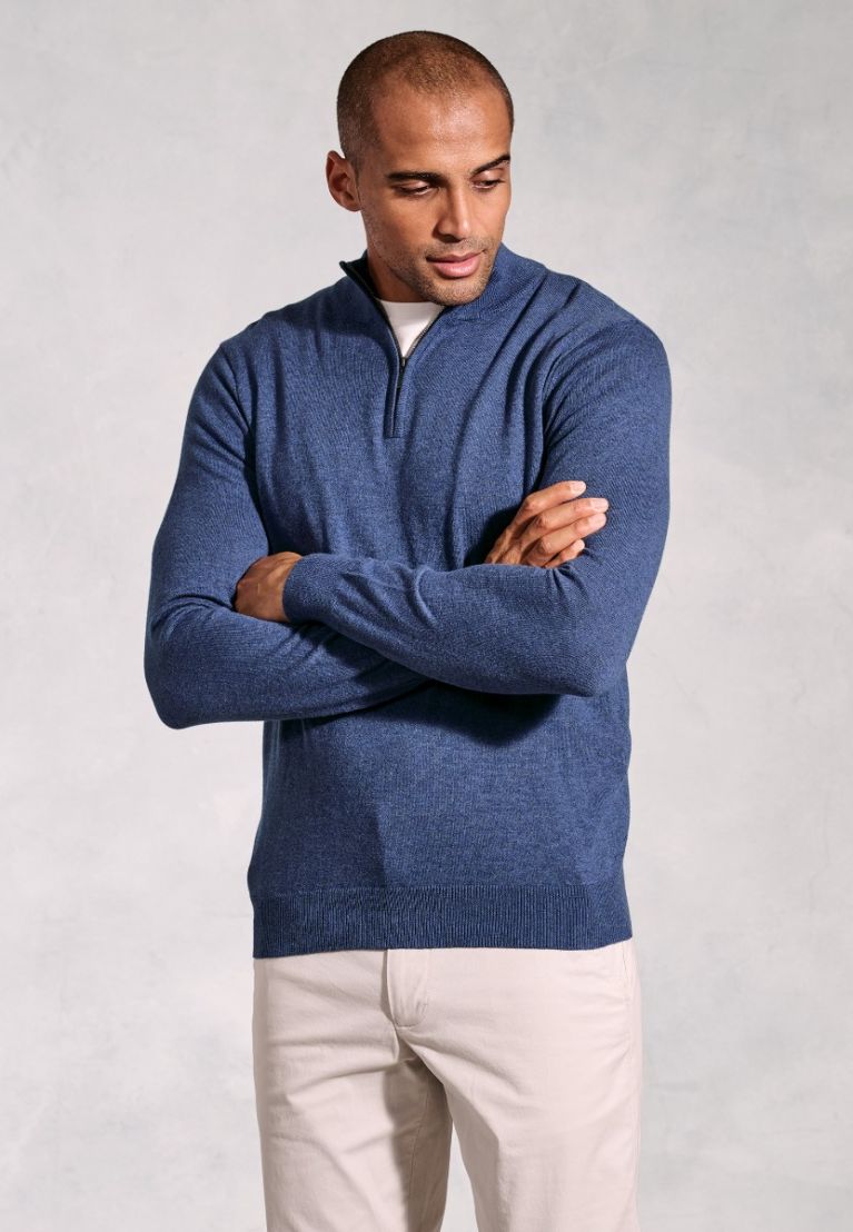 Copenhagen Denim Blue Cotton Merino Zip Neck Jumper