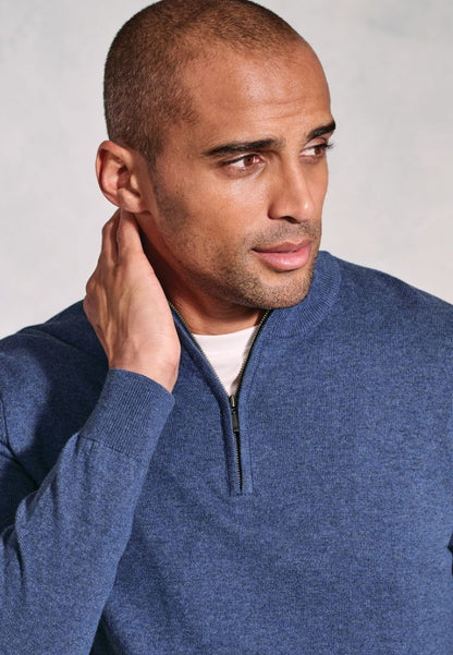 Copenhagen Denim Blue Cotton Merino Zip Neck Jumper