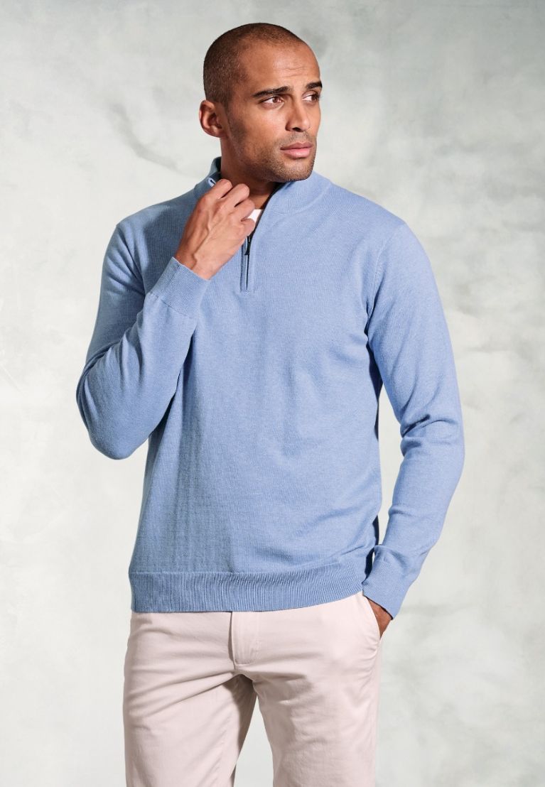 Copenhagen Sky Blue Cotton Merino Zip Neck Jumper
