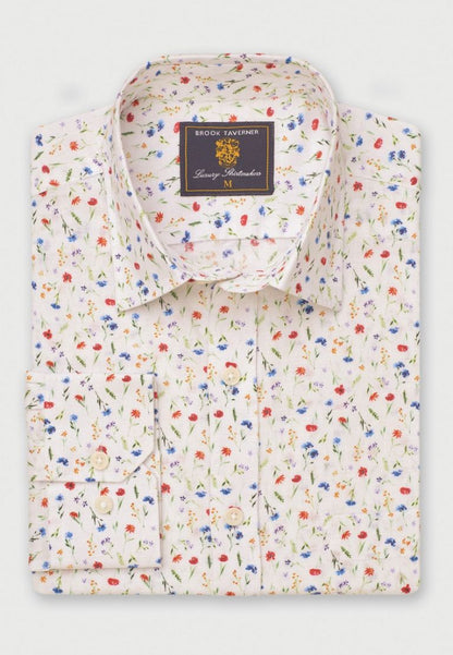 Regular Fit Multicoloured Ditsy Floral Watercolour Linen Cotton Shirt