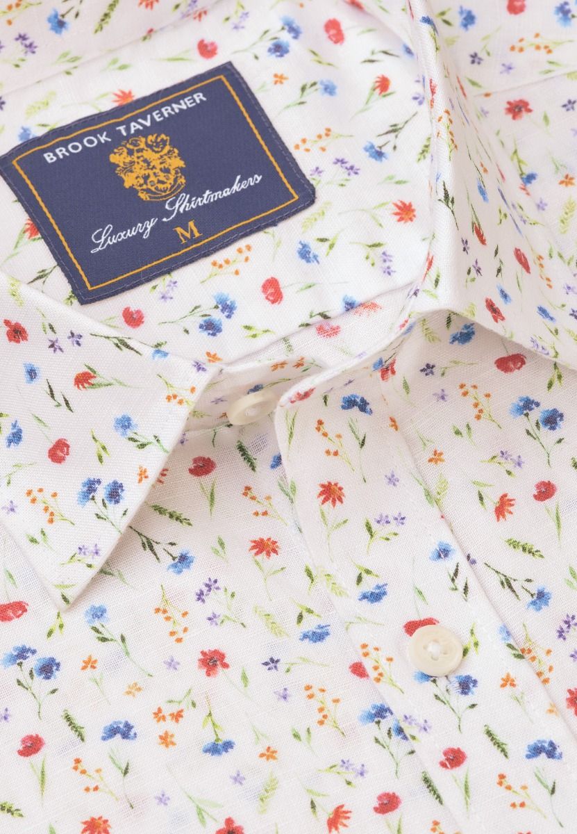 Regular Fit Multicoloured Ditsy Floral Watercolour Linen Cotton Shirt