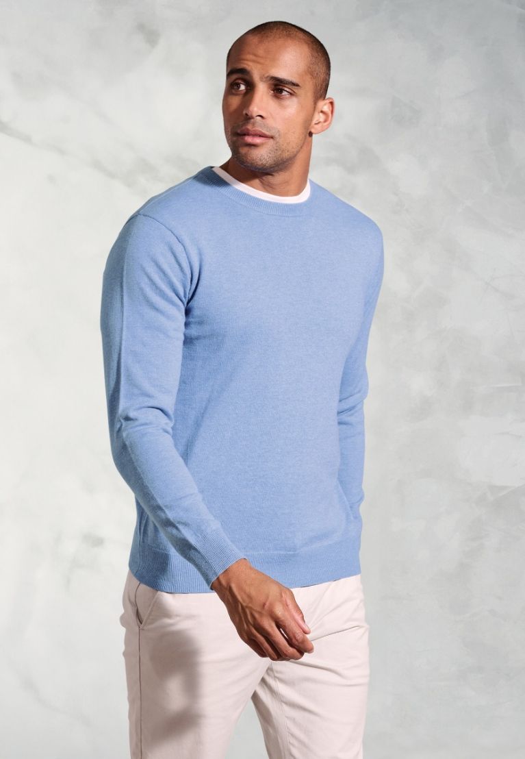 London Sky Blue Cotton Merino Crew Neck Jumper