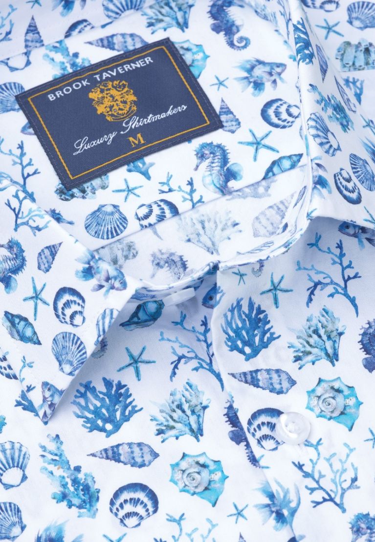 Regular Fit Blue Sealife Print Cotton Shirt