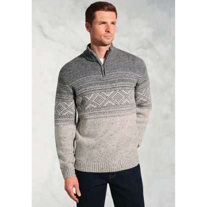 Moloney Silver Grey Nep Fairisle Lambswool Zip Neck Jumper