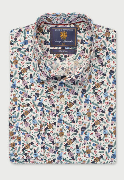 Regular Fit Ecru Nutcracker Print Cotton Shirt