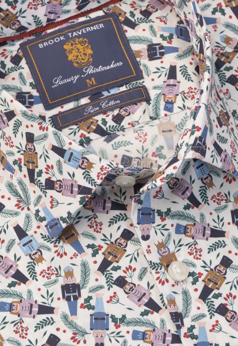Regular Fit Ecru Nutcracker Print Cotton Shirt