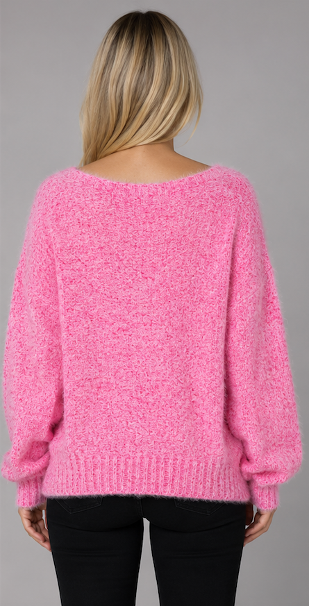 Fuzzy Look Scoop Neck Jumper - Pink